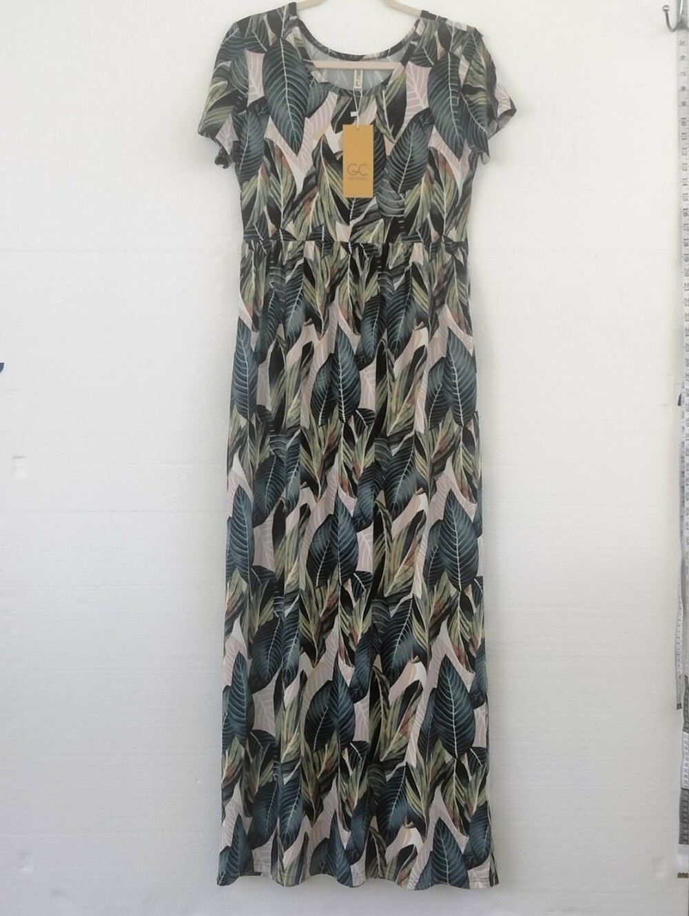 GC NWT Tropical Short Sleeve Maxi Dress Multicolor Greens Browns White